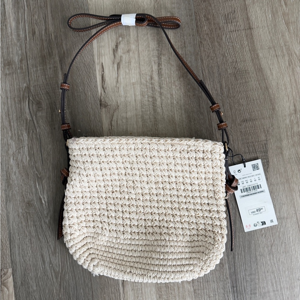 Zara Cream Woven Crossbody Bag with Brown Strap